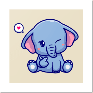 Cute Elephant With Love Sign Hand Cartoon Posters and Art